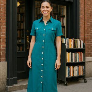 VTG 90's Robbie Bee Linen Blend Maxi Shell Button Front Dress, Women's Size 16